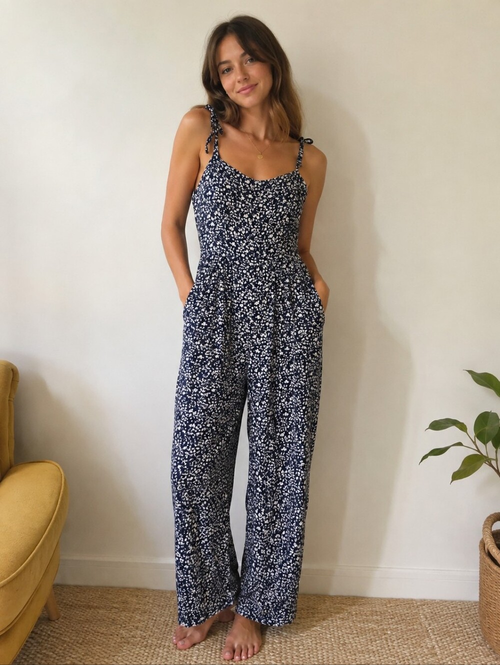 Old Navy Floral Tie Strap Wide Leg Jumpsuit Navy White Size Medium M